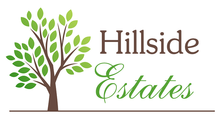 Logo for Hillside Estates shows name of development beside rendering of a tree