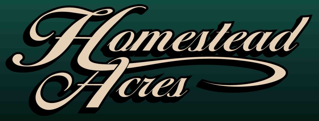 Logo for Homestead Acres has development name in cream script on dark green background